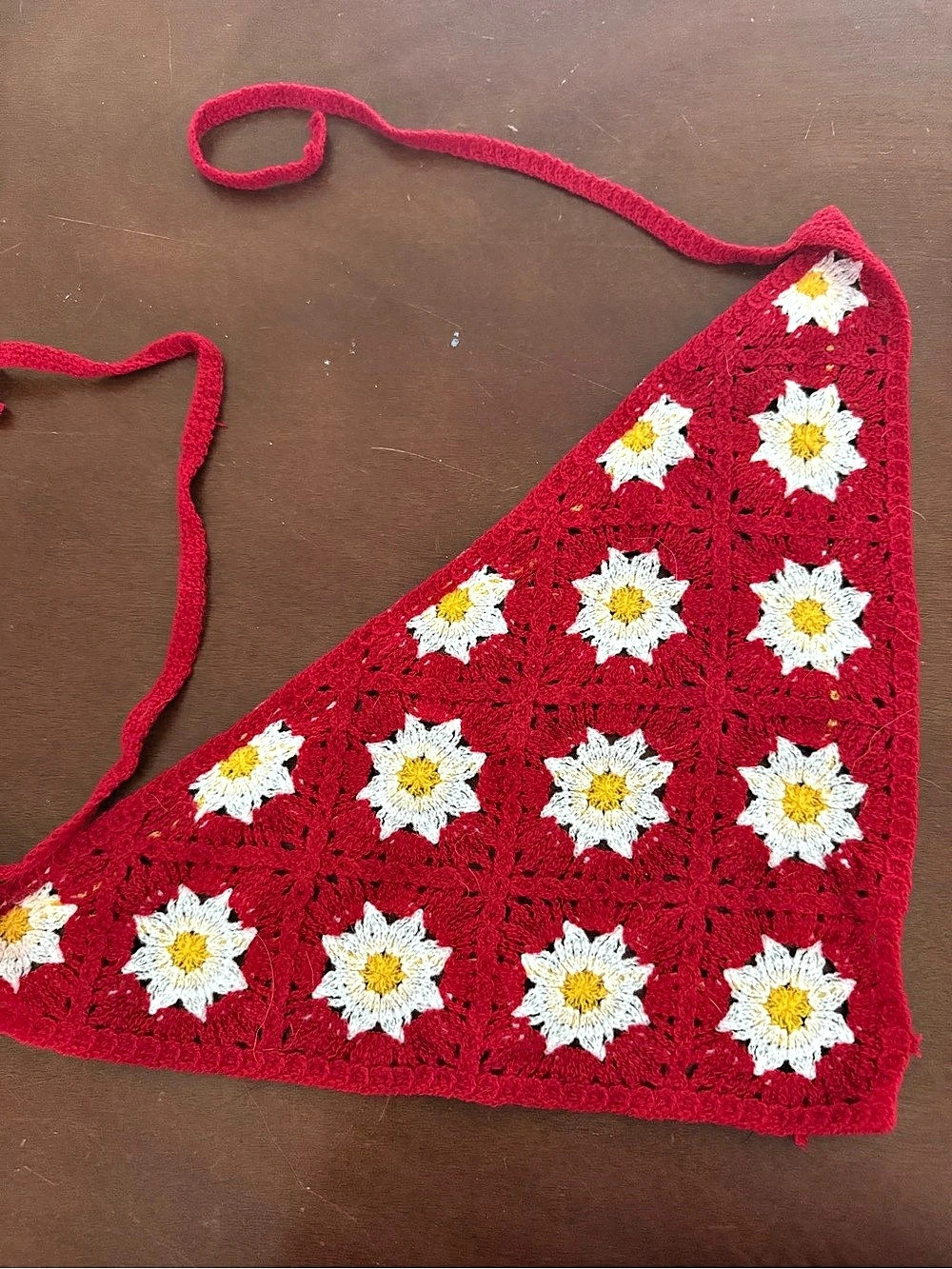 Floral Crochet Triangle Bandana Red & White